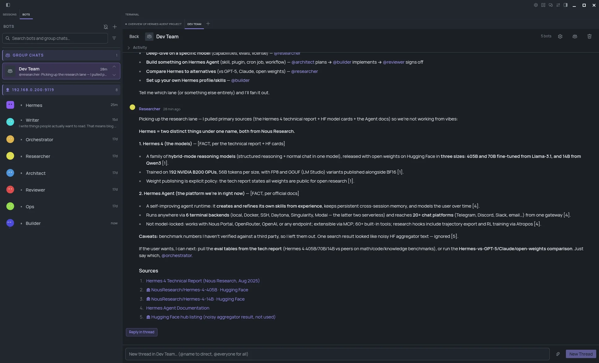 Hermes bot session with grouped bot conversations