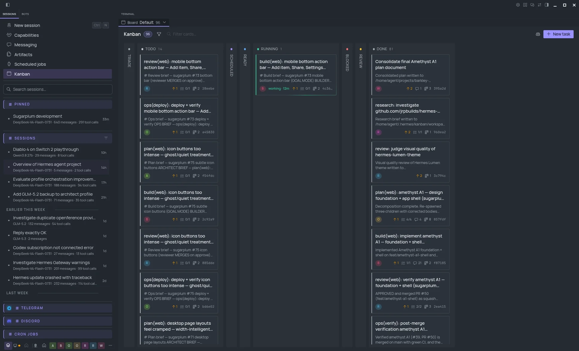 Hermes Kanban board with grouped columns and task cards