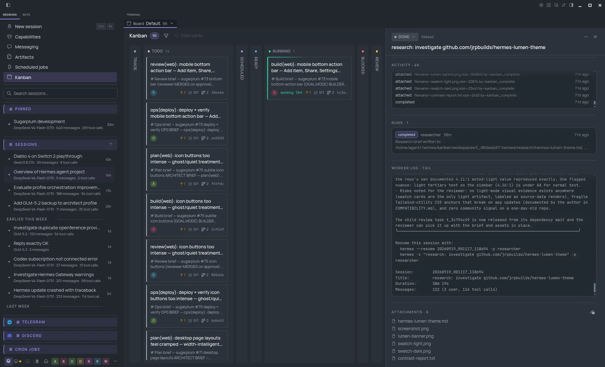 Hermes Kanban board with a separated task detail drawer and worker log