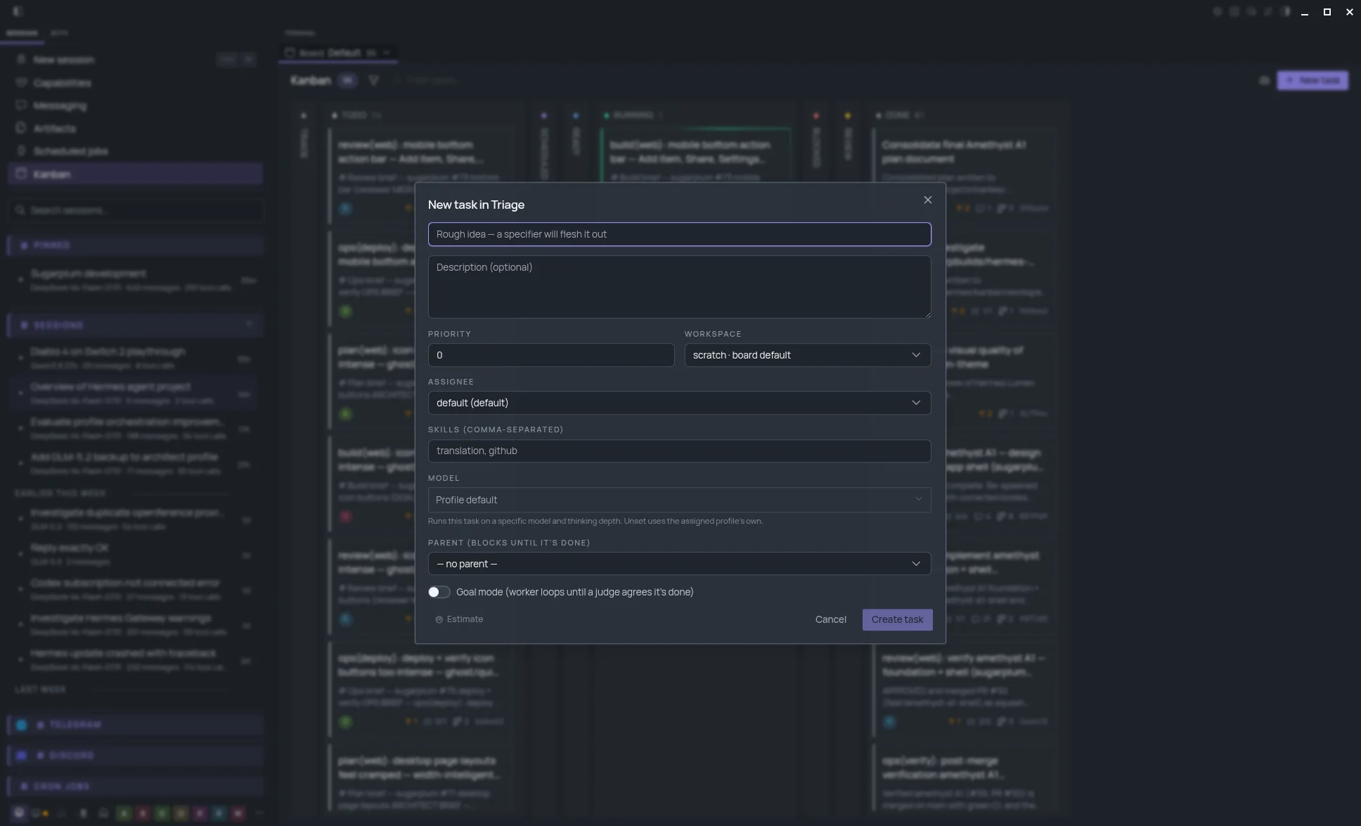 Hermes new task dialog