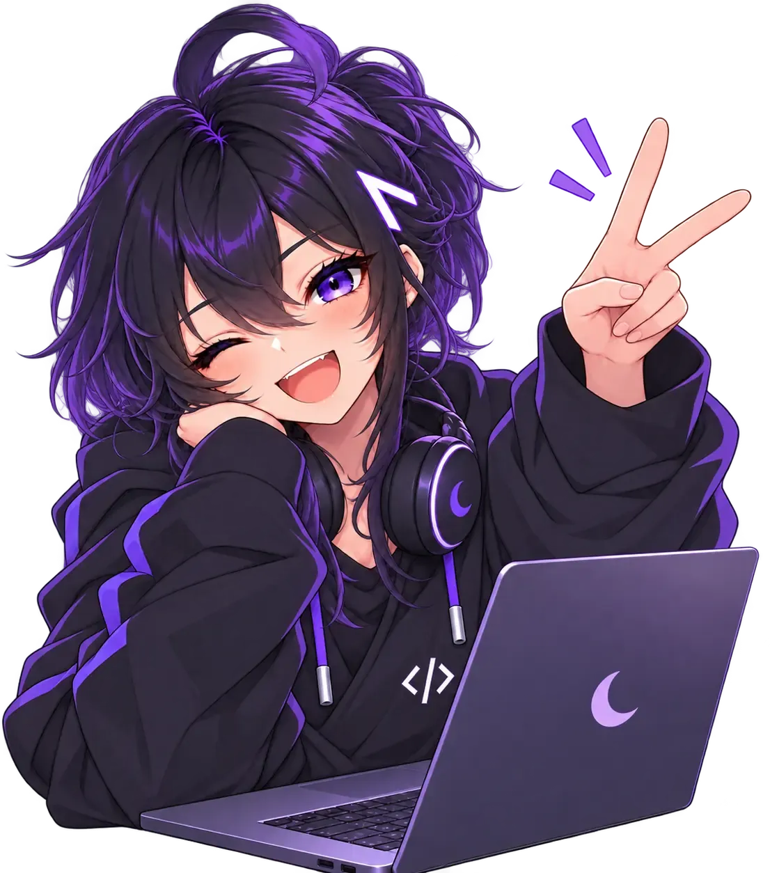 Lumen mascot smiling behind a laptop and raising two fingers
