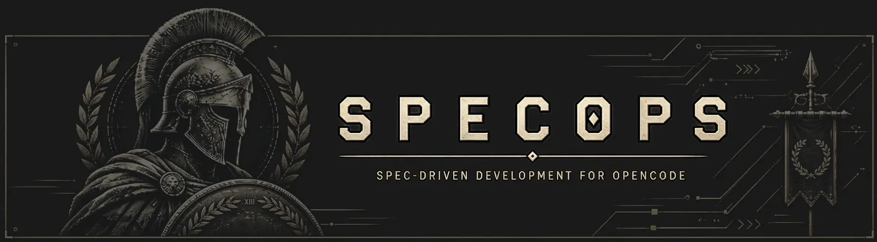 SpecOps banner with a Roman soldier, engraved detailing, and gold typography