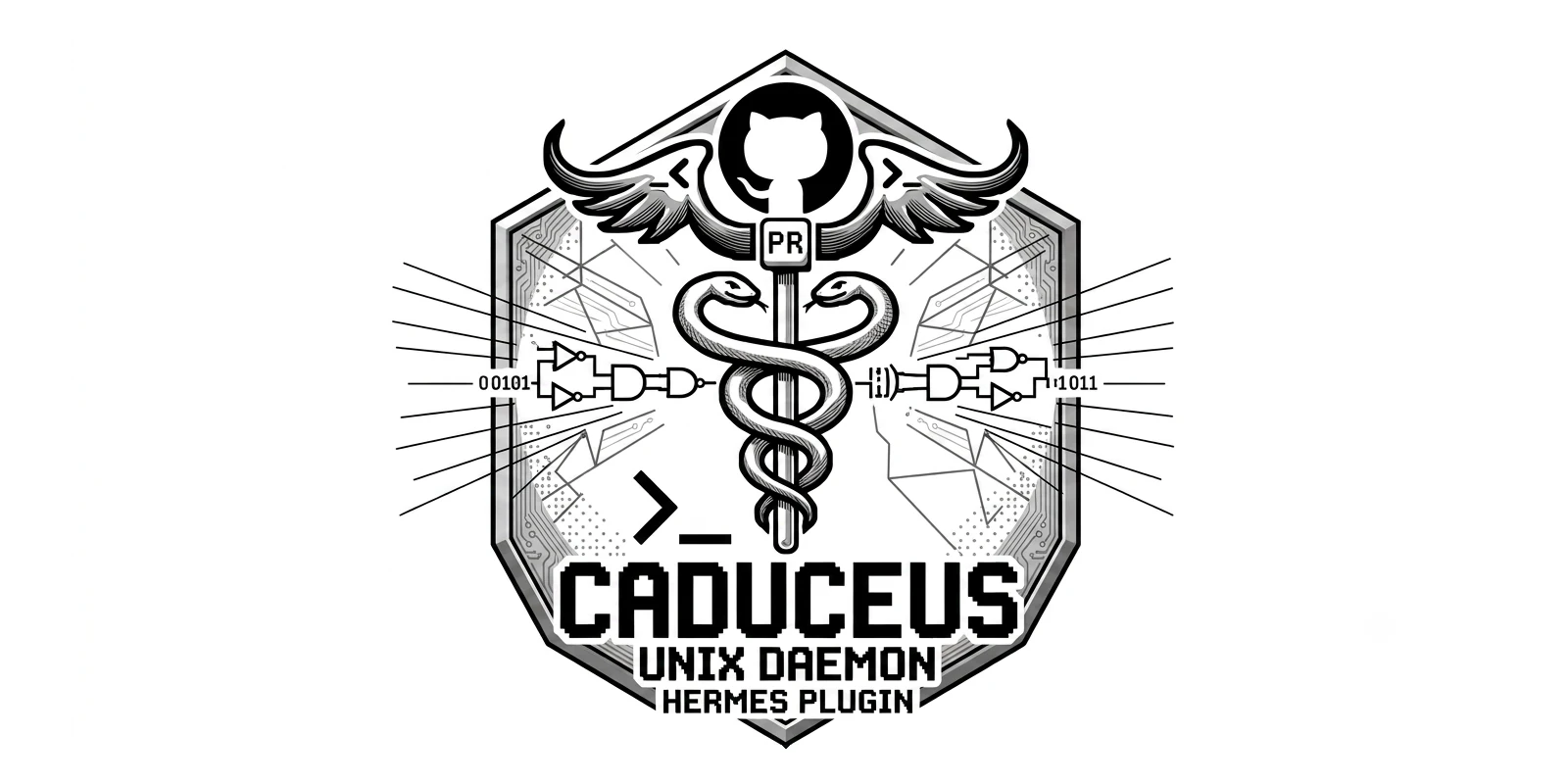 The Caduceus emblem: a winged staff with two snakes, circuit diagrams, and the Caduceus wordmark.
