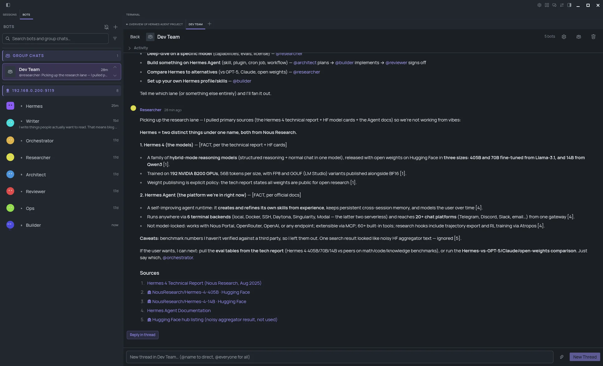 Lumen Bots view in Hermes Desktop