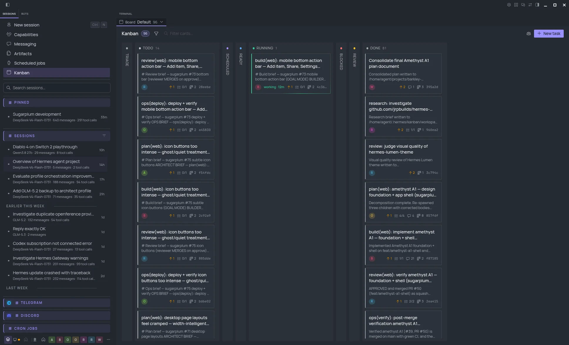 Lumen Kanban board in Hermes Desktop